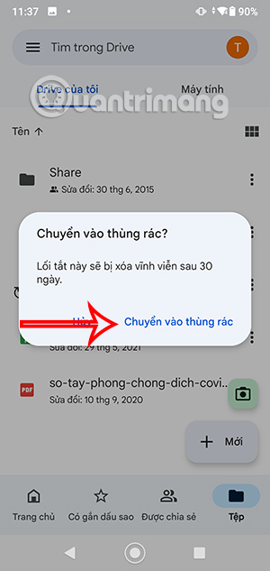 Chuyển lối tắt Google Drive vào thùng rác 