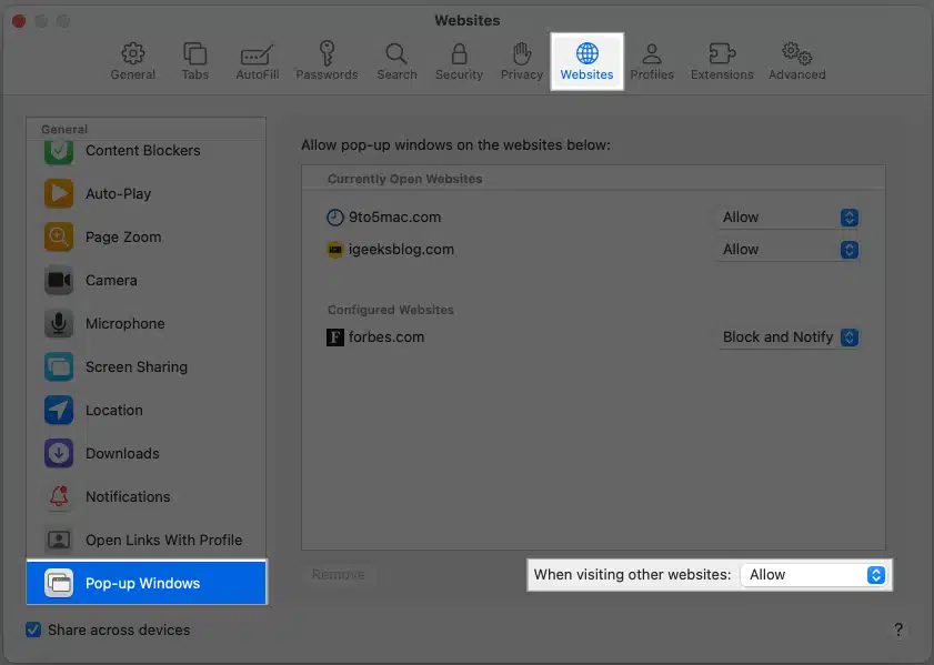 Bật pop-up trên Safari Mac 