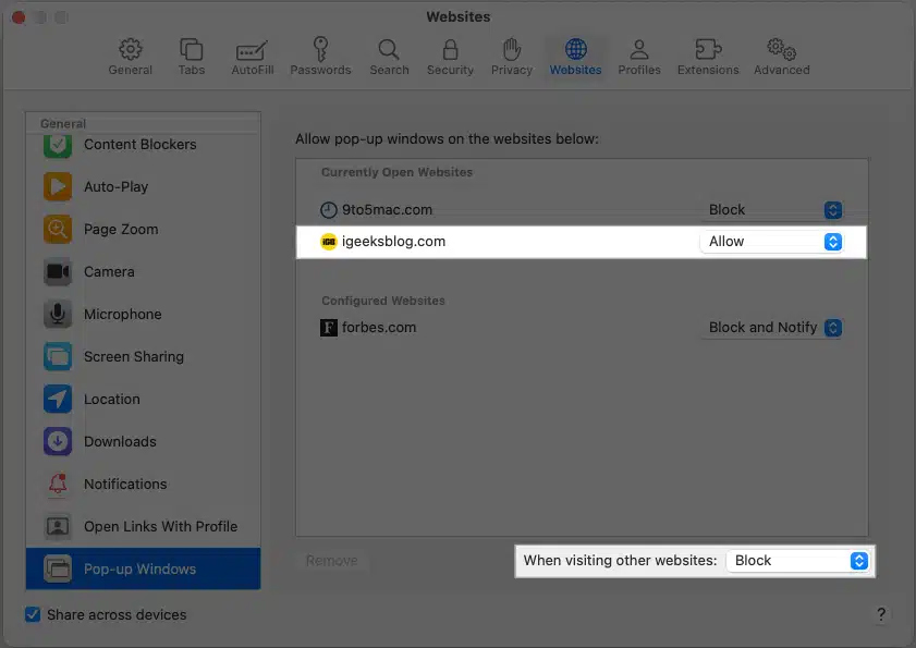Bật pop-up cho trang web trên Safari Mac 