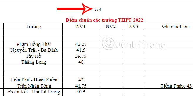 Hiển thị số trang 1/2 Excel