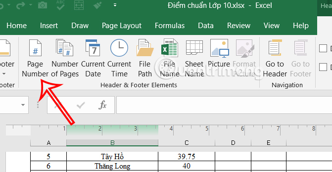 Chọn Page Number Excel