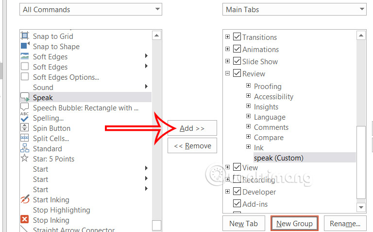 Thêm công cụ Speak vào Ribbon PowerPoint