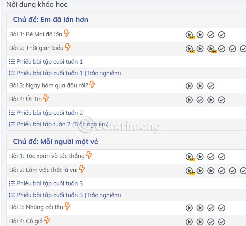 Nội dung học trên Olm