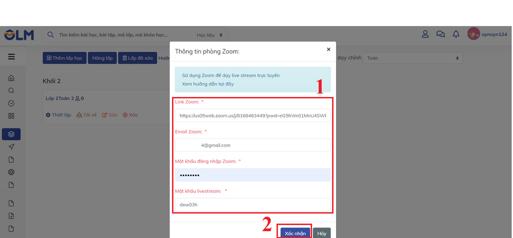 Điền thông tin lớp học trực tuyến