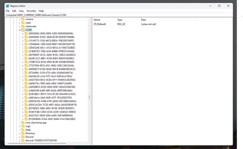 Windows Regsitry Editor hiển thị thư mục CLSID