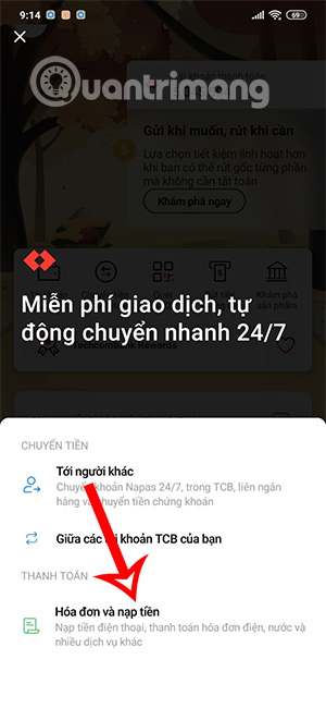 Hóa đơn và nạp tiền