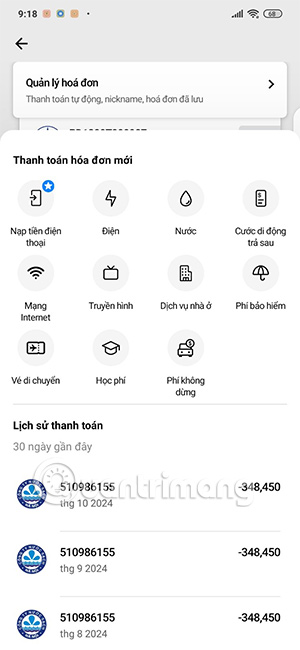 Dịch vụ thanh toán trên Techcombank Mobile
