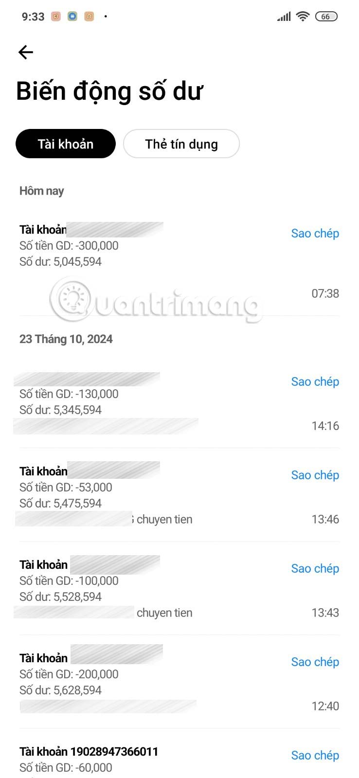 Biến động số dư Techcombank Mobile