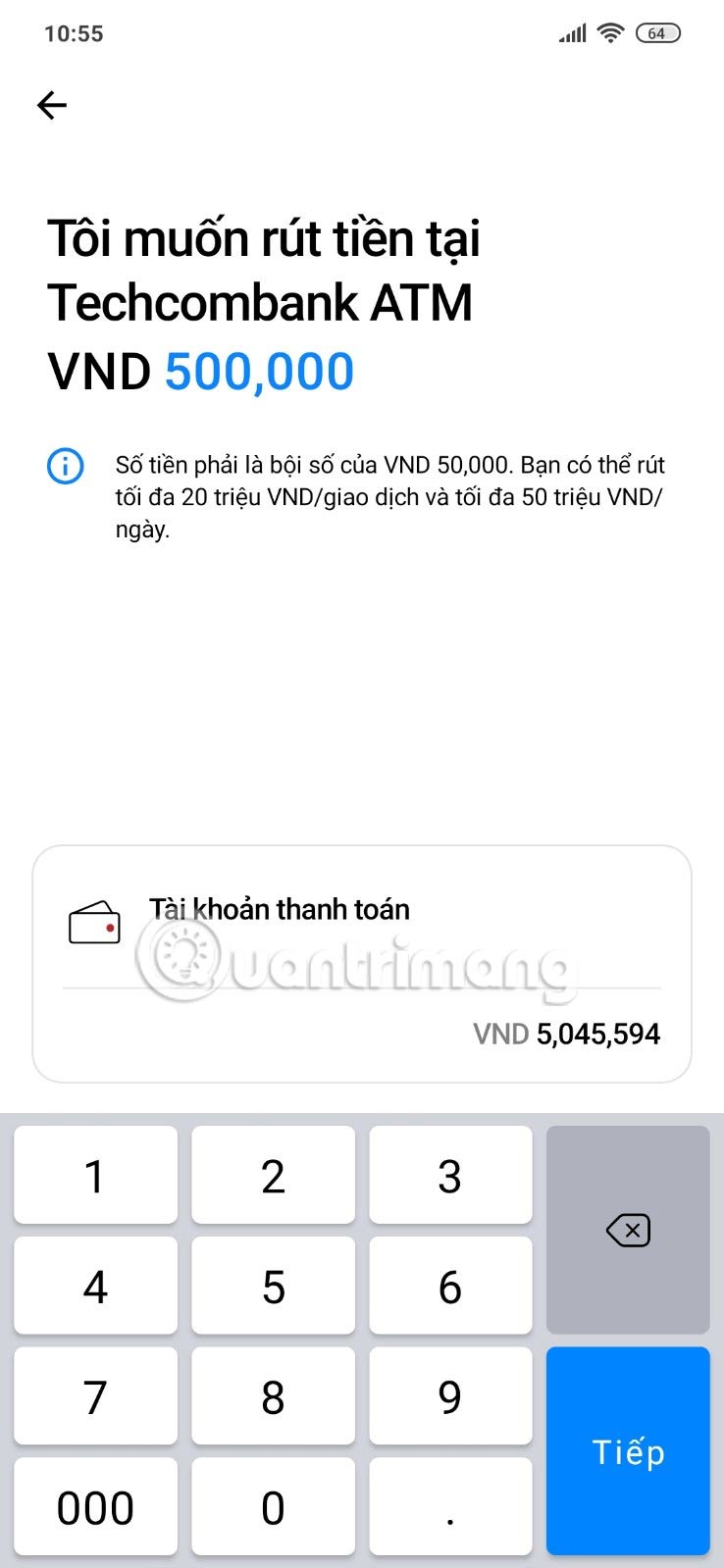Nhập số tiền cần rút