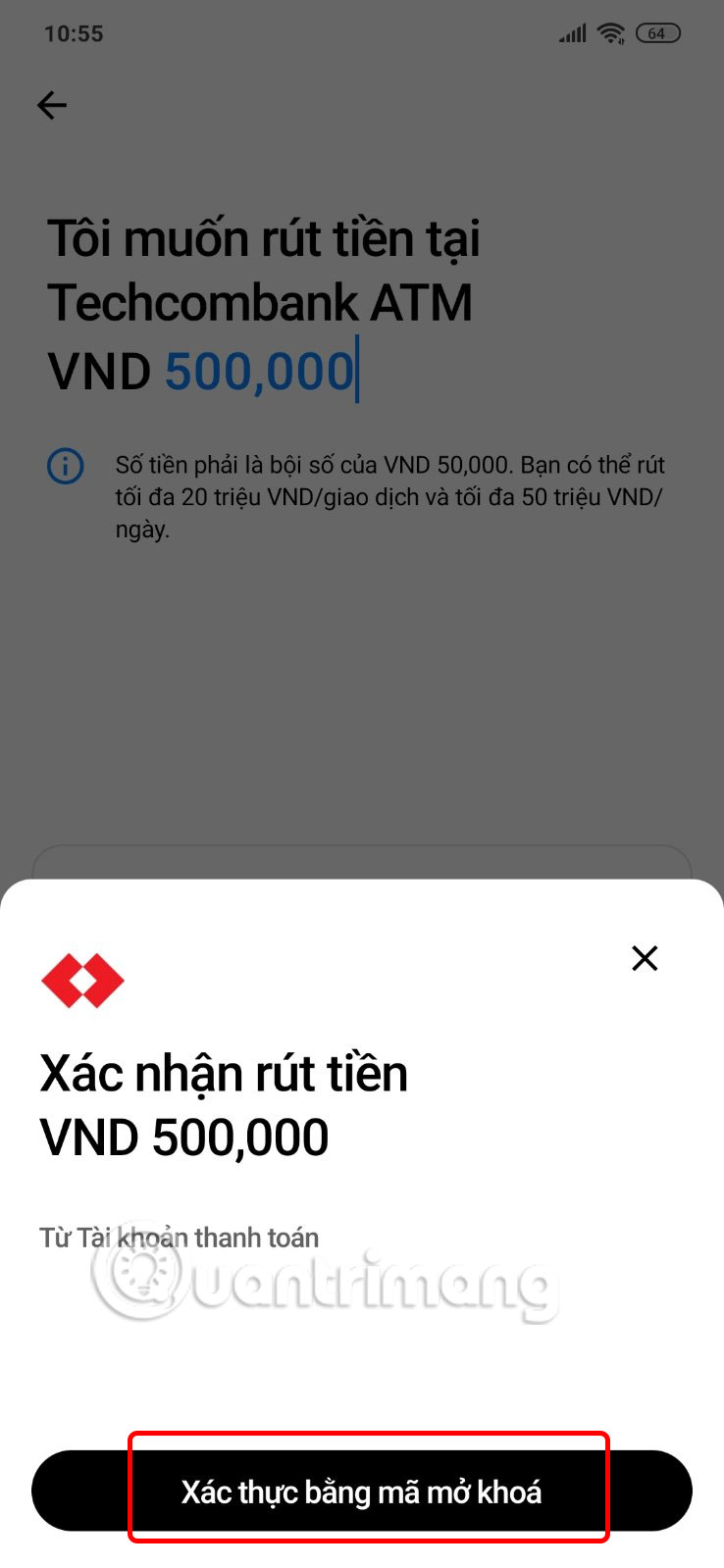 Xác thực mã rút tiền Techcombank Mobile