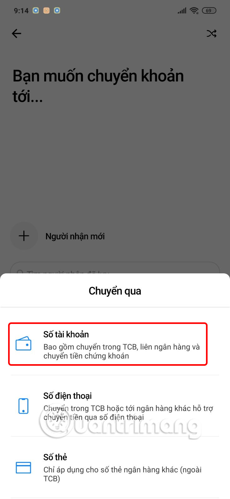 Chuyển tiền Techcombank qua số tài khoản
