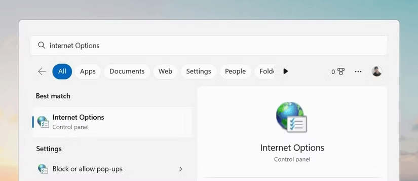 Mở Internet Options bằng công cụ Windows Search