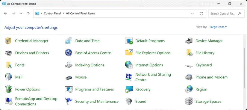 Danh sách các mục Control Panel trong Windows 11