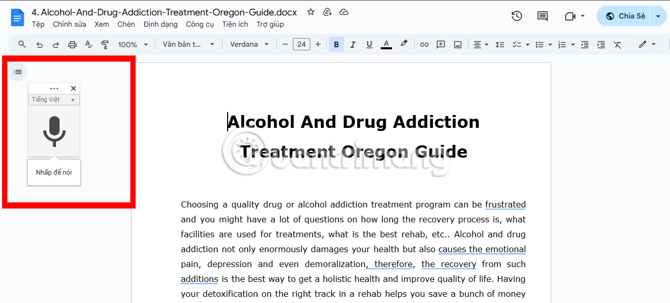 Hộp nhập bằng giọng nói trong tài liệu Google Docs