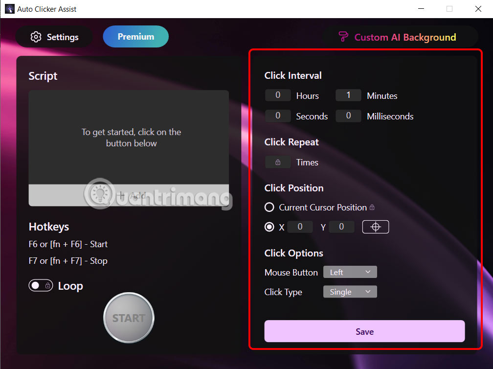 Thiết lập click chuột trên Auto Clicker Assist