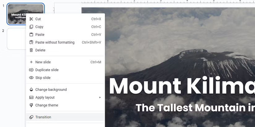 Tùy chọn Transition khi nhấp chuột phải vào một slide trong Google Slides.