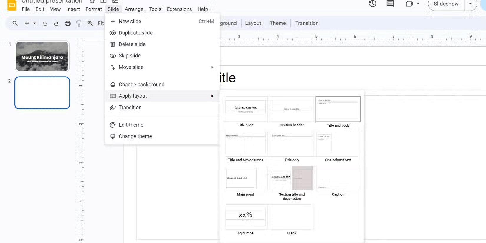 Thay đổi bố cục trong Google Slides.