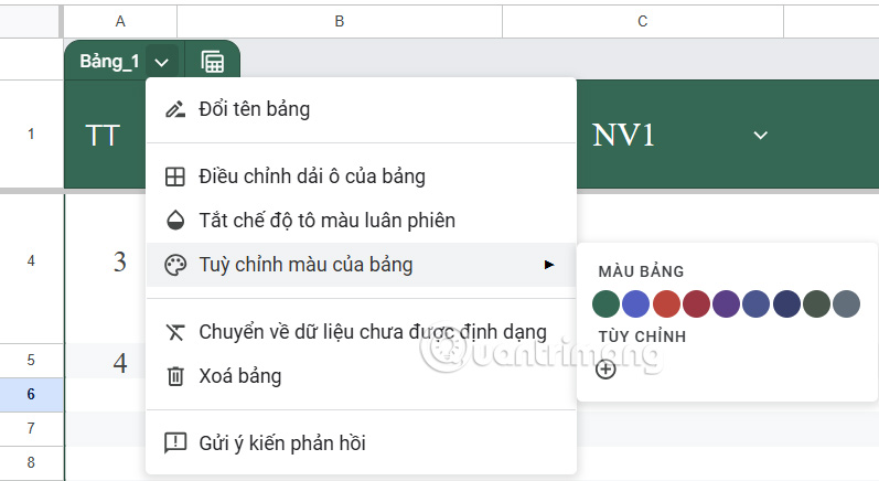Chỉnh bảng Google Sheets