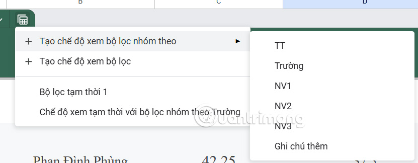 Chọn chế độ xem bảng Google Sheets