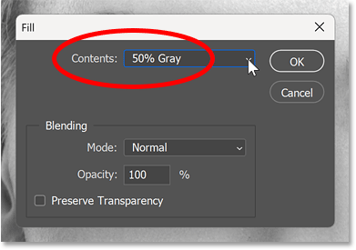 Đặt Contents thành 50% Gray trong hộp thoại Fill trong Photoshop