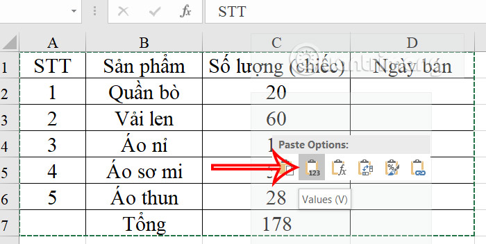 Chọn Paste Options Excel 