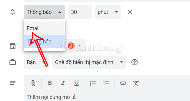 Thông báo sự kiện Google Calendar qua email