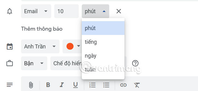 Thời gian thông báo sự kiện Google Calendar