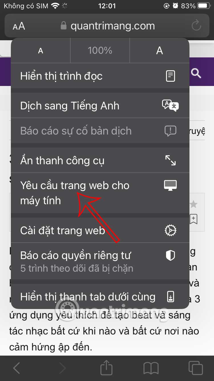 Mở trang web Safari chế độ máy tính