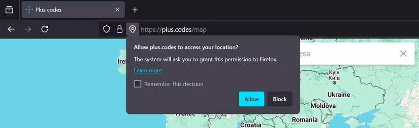 Quyền vị trí của Plus Code trên Firefox