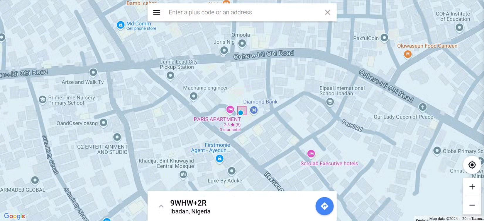 Bản đồ và Plus Code được hiển thị trên trình duyệt web PC