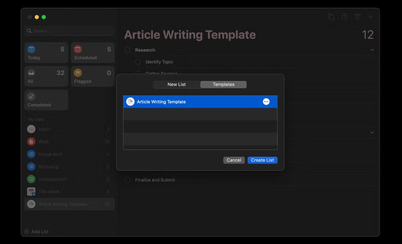 Template viết bài viết trong ứng dụng Reminders
