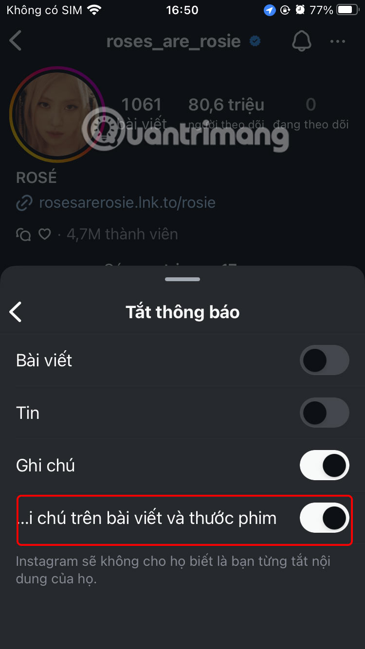 Tắt thông báo ghi chú thước phim 
