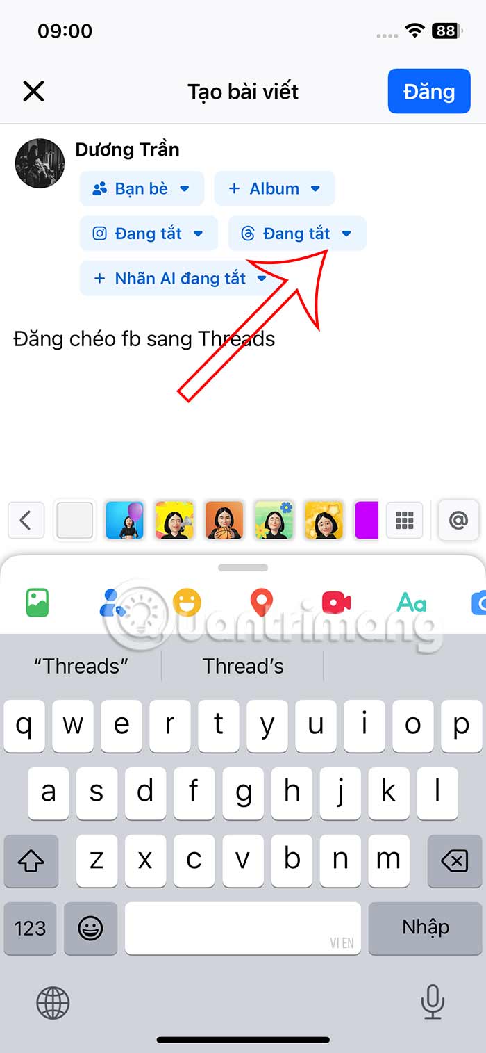 Chế độ đăng Facebook lên Threads