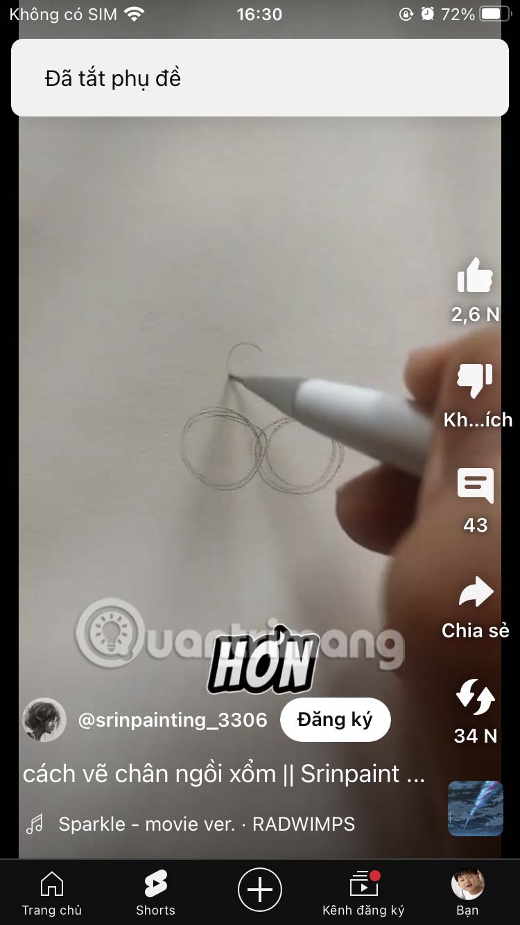 Phụ đề video YouTube Shorts đã tắt