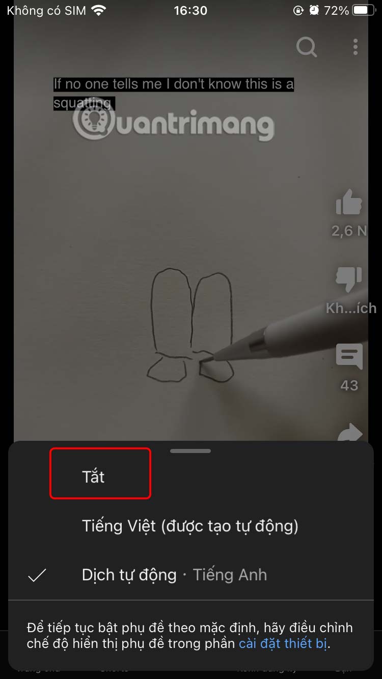 Tắt phụ đề video YouTube Shorts