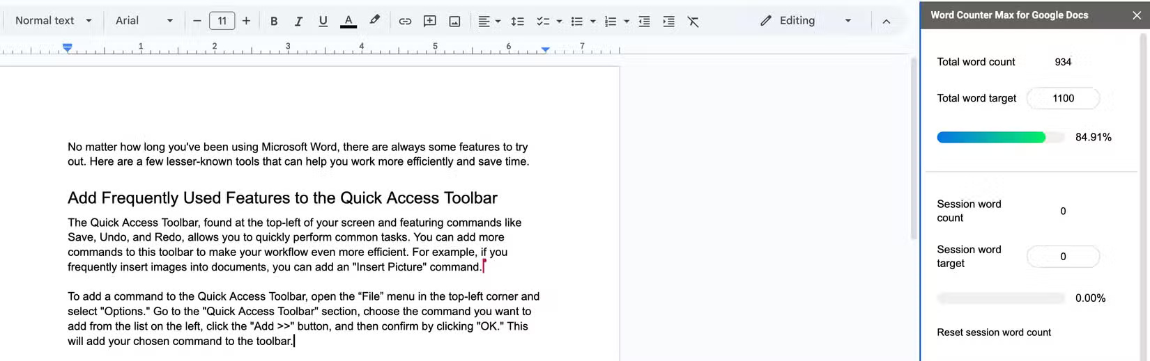 Use the Word Counter Max add-on in Google Docs.