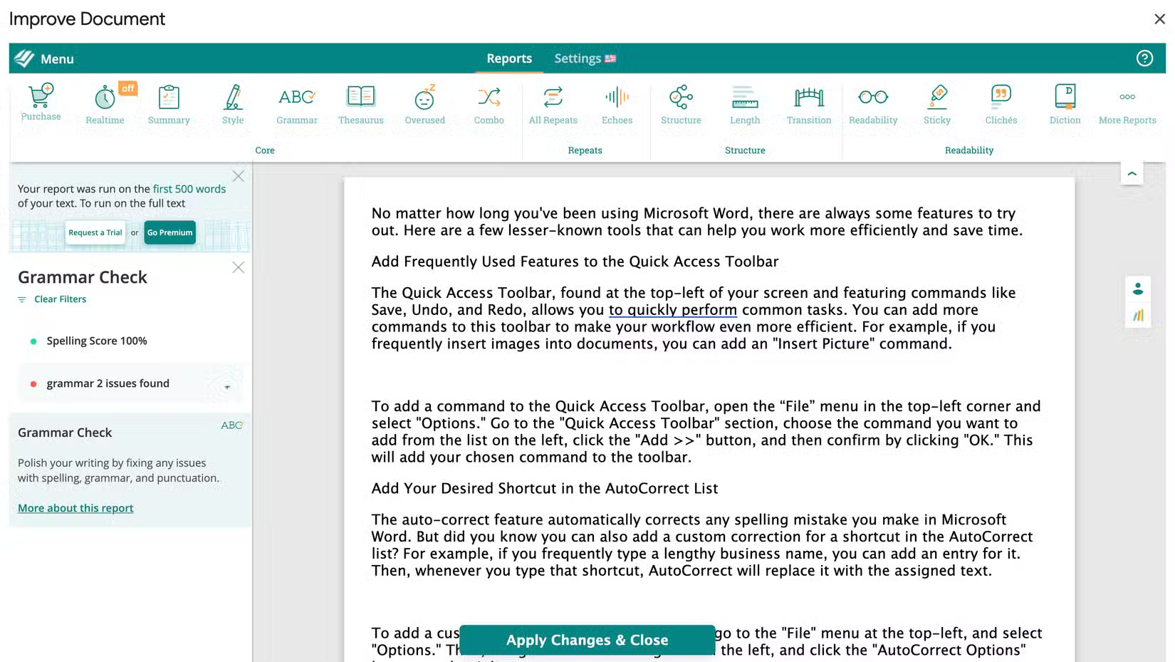 Correct grammar errors in text with the ProWritingAid add-on in Google Docs.