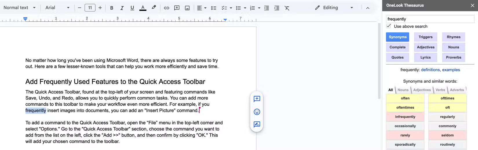 Check a document for synonyms with the OneLook Thesaurus add-on in Google Docs.