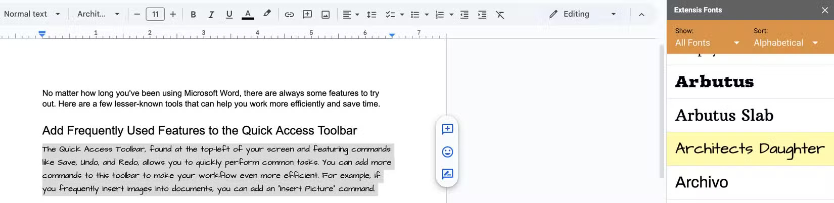 Change the font of text with the Extensis Fonts add-on in Google Docs.