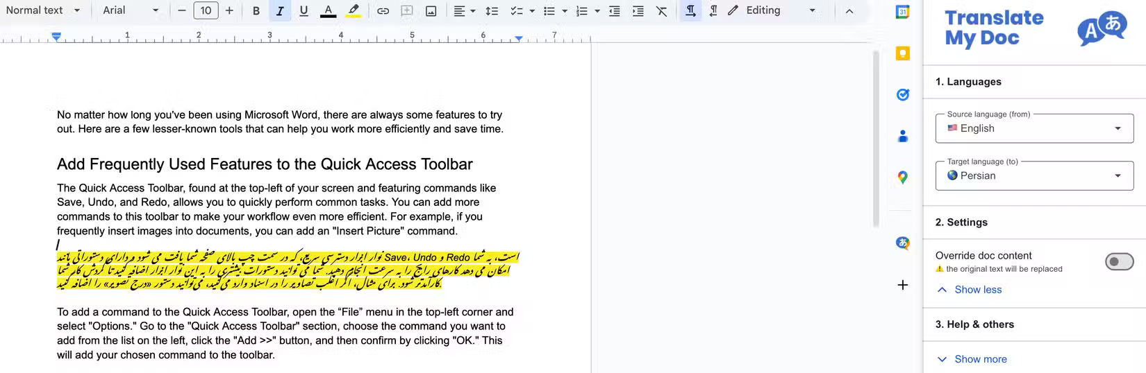 Translate text from English to Farsi with the Translate All add-on in Google Docs.