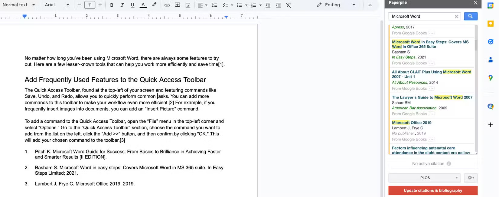 Add citations using the Paperpile add-on in Google Docs.