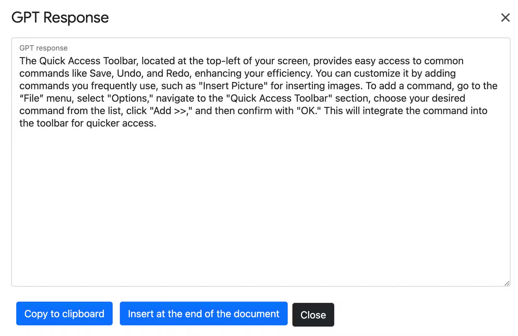 GPT Plus Docs add-on for Google Docs response to a request to summarize a paragraph in Google Docs