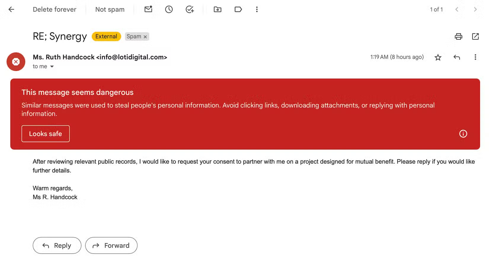 Cảnh báo "Email này có vẻ nguy hiểm" trong Gmail