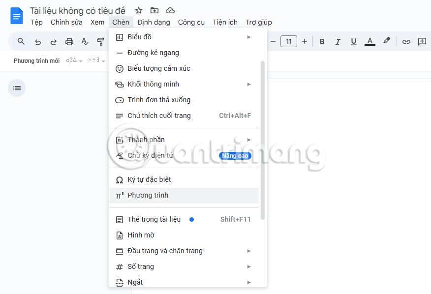 Tùy chọn Chèn trong menu drop-down Google Docs
