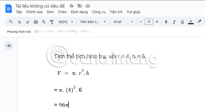 Nhập công thức tính thể tích hình trụ trong Google Docs