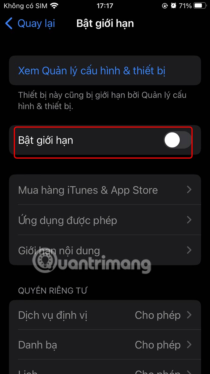 Bật chế độ giới hạn trên iPhone