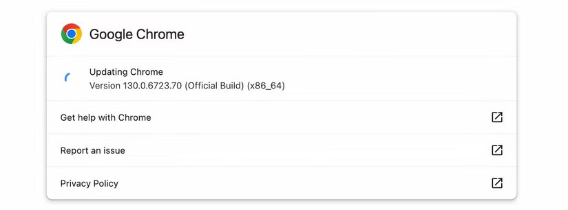Cửa sổ cập nhật Chrome hiển thị bản cập nhật đang được tiến hành.