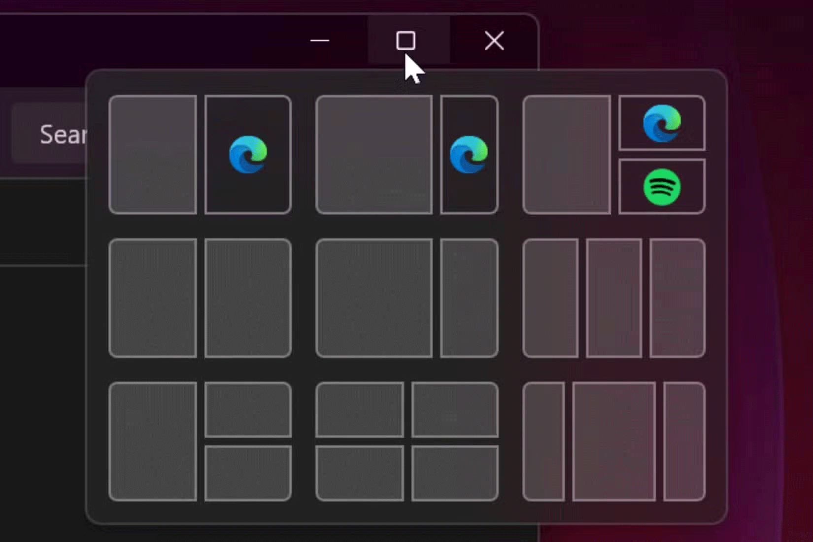 Các tùy chọn khác nhau mà Windows Snap Layouts cung cấp được hiển thị ở góc của ứng dụng
