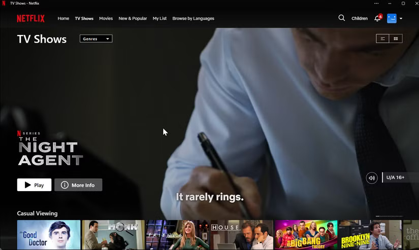 The main screen of the Netflix application with Night Agent promotion on Windows 11