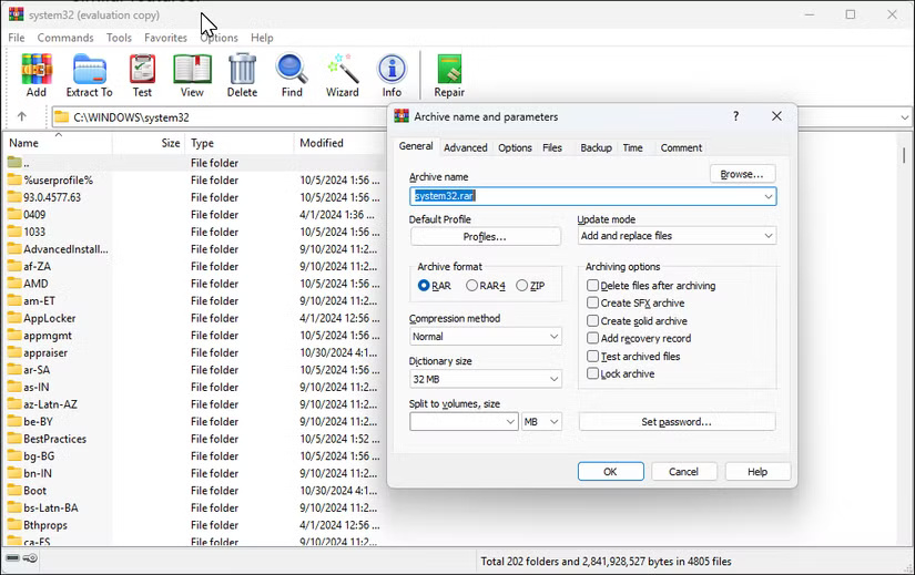 Ứng dụng WinRAR với hộp thoại Archive mở trên Windows 11